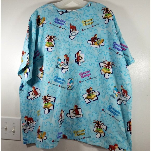 Curious George Scrub Top 2XL Puzzle Print V-Neck 65% Polyester 35% Cotton Made I - Picture 11 of 11